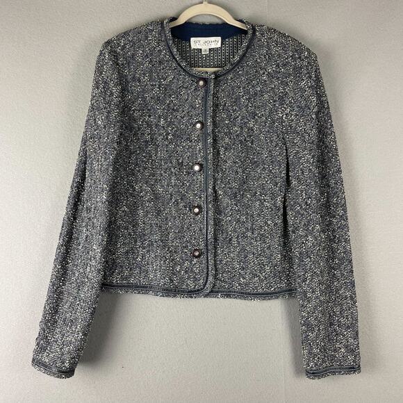 St. John Tweed Jacket Sweater Blazer Womens 14 Gray Blue Leather Trim USA Made - Picture 1 of 16